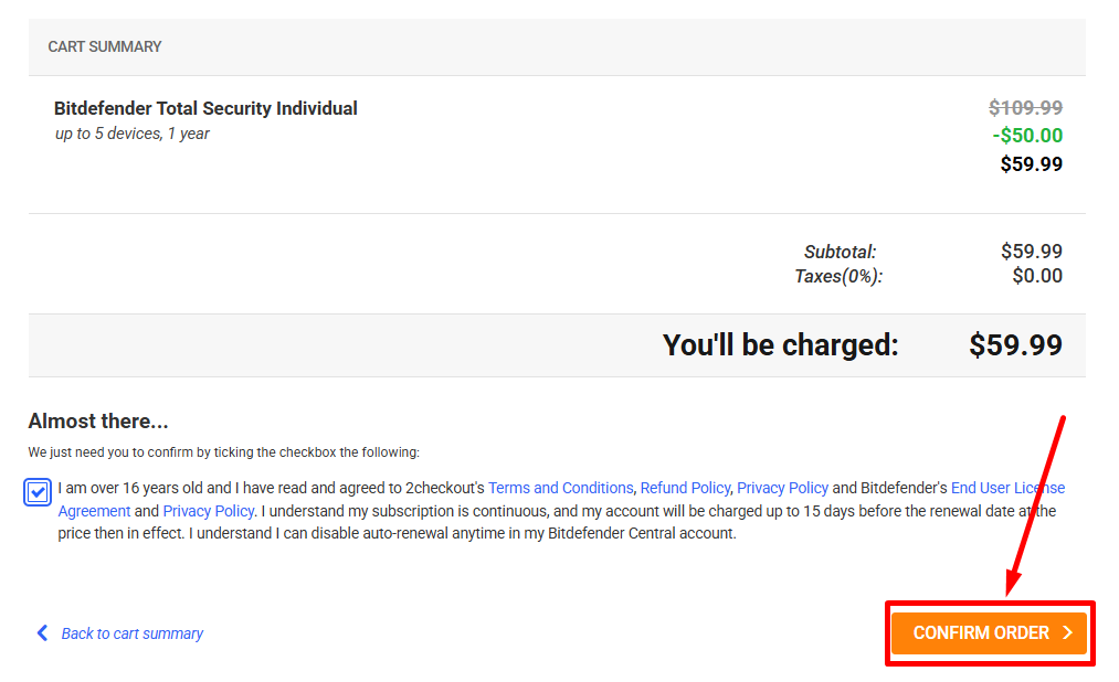 Bitdefender Confirm Order