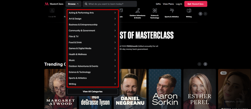 MasterClass Courses Categories